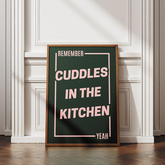 Cuddles in the kitchen - green poster: music inspired print, unique home decor, cool wall art, high-quality print, kitchen quote poster