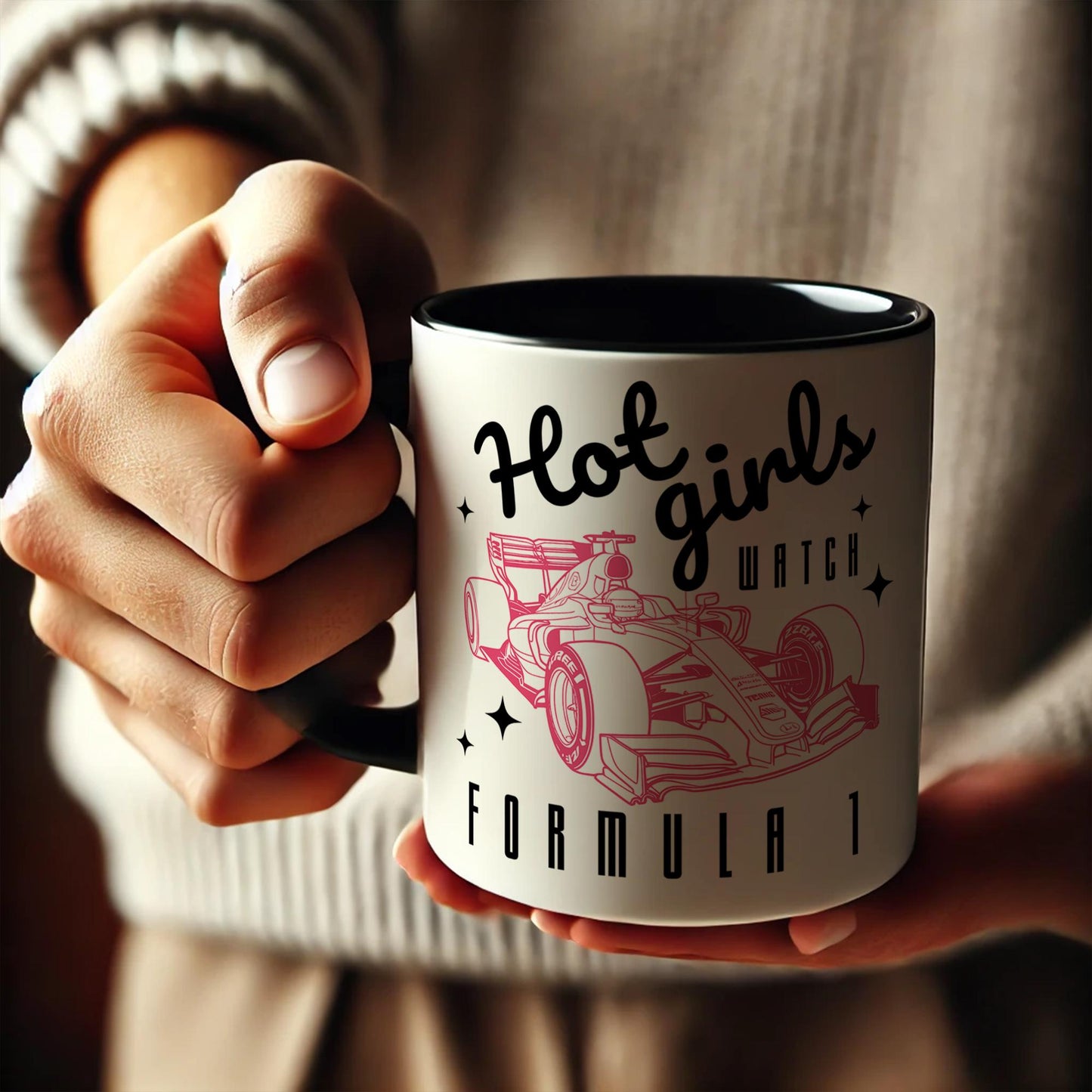 Hot Girls Watch F1 - Black & Pink Mug: Funny F1-Inspired Mug for Racing Fan, Formula 1 Gift Idea For Her, Small F1 Gift, Car Lover