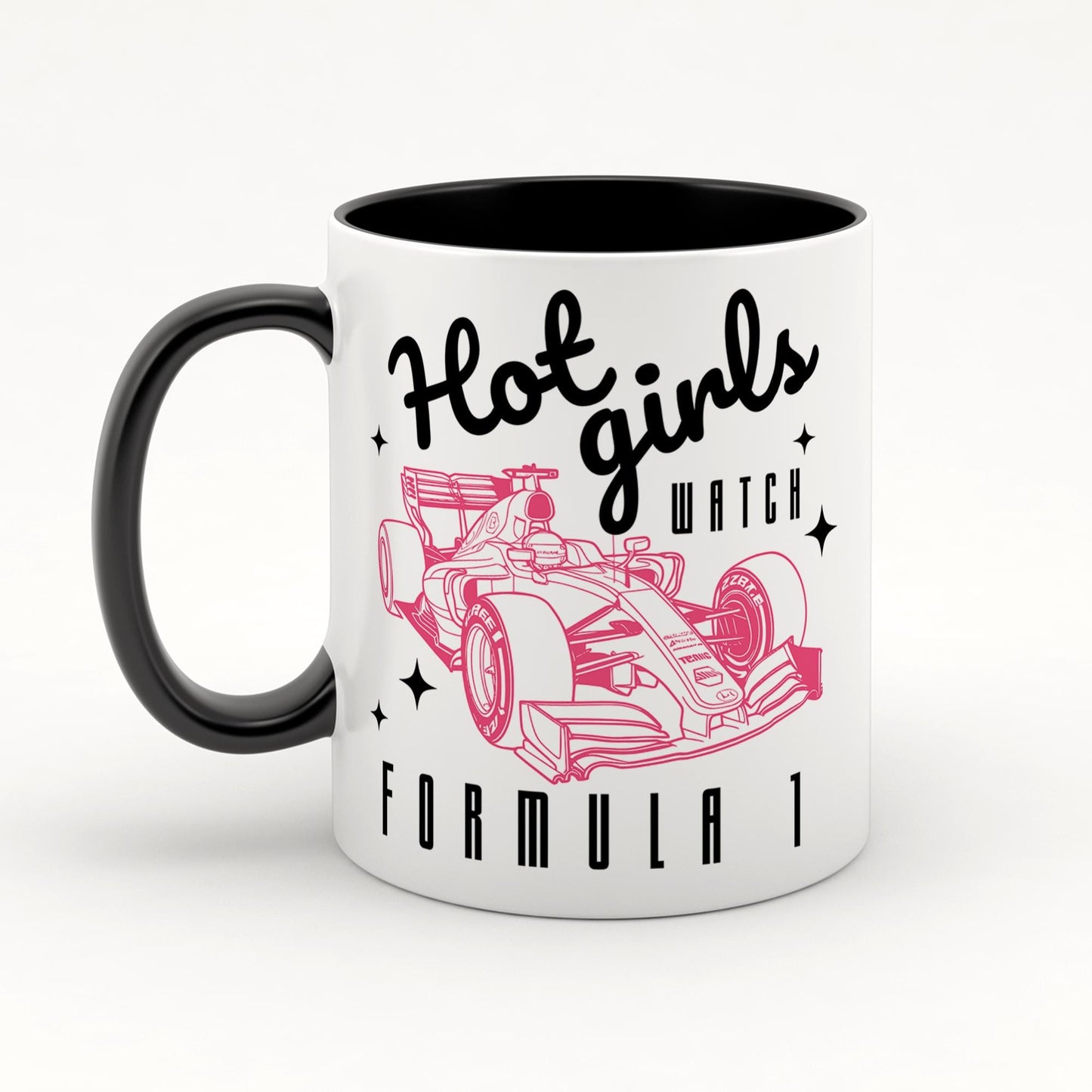 Hot Girls Watch F1 - Black & Pink Mug: Funny F1-Inspired Mug for Racing Fan, Formula 1 Gift Idea For Her, Small F1 Gift, Car Lover