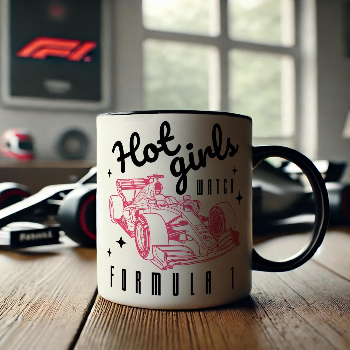 Hot Girls Watch F1 - Black & Pink Mug: Funny F1-Inspired Mug for Racing Fan, Formula 1 Gift Idea For Her, Small F1 Gift, Car Lover