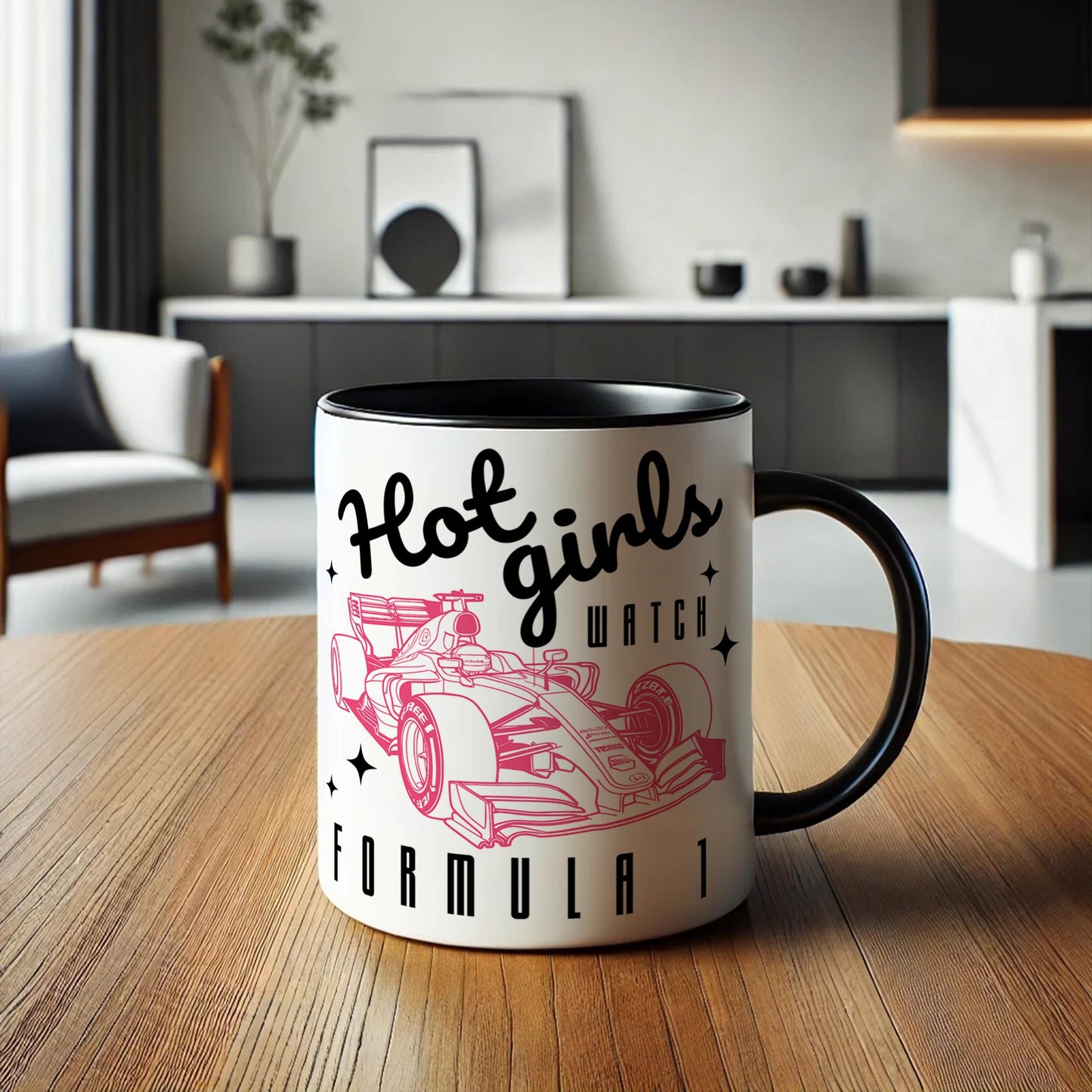 Hot Girls Watch F1 - Black & Pink Mug: Funny F1-Inspired Mug for Racing Fan, Formula 1 Gift Idea For Her, Small F1 Gift, Car Lover