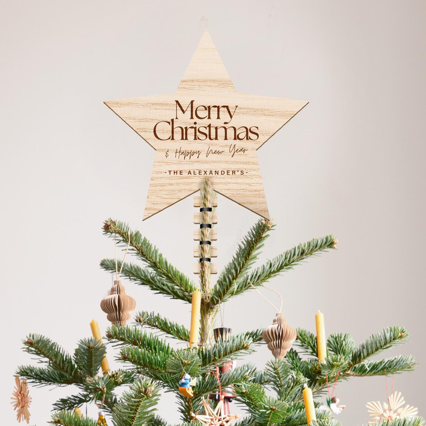 Tree Topper Star - The Seasons: Personalised Christmas Tree Decor, Custom Family Name Decoration, Rustic Wooden Ornament, Xmas Keepsake