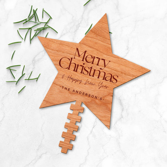 Tree Topper Star - The Seasons: Personalised Christmas Tree Decor, Custom Family Name Decoration, Rustic Wooden Ornament, Xmas Keepsake
