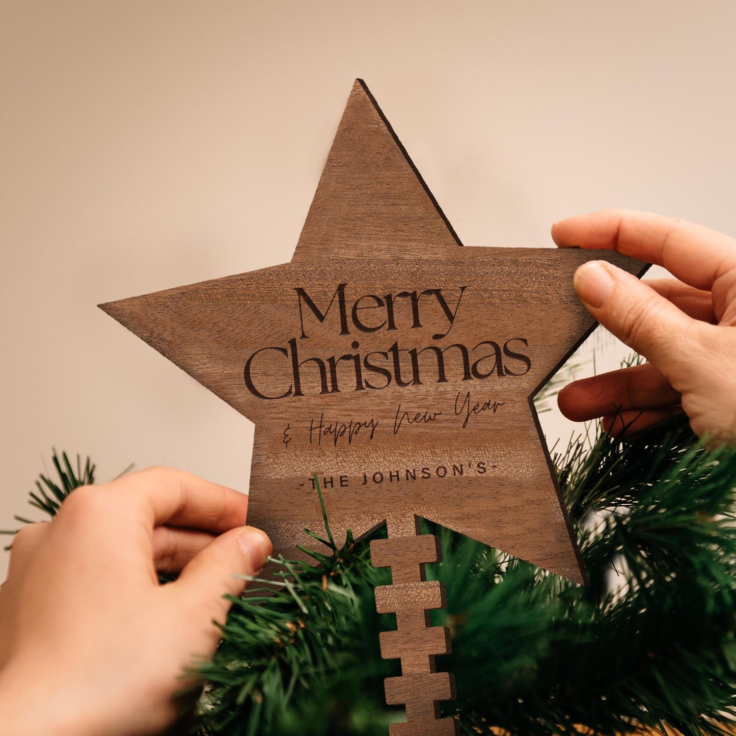 Tree Topper Star - The Seasons: Personalised Christmas Tree Decor, Custom Family Name Decoration, Rustic Wooden Ornament, Xmas Keepsake