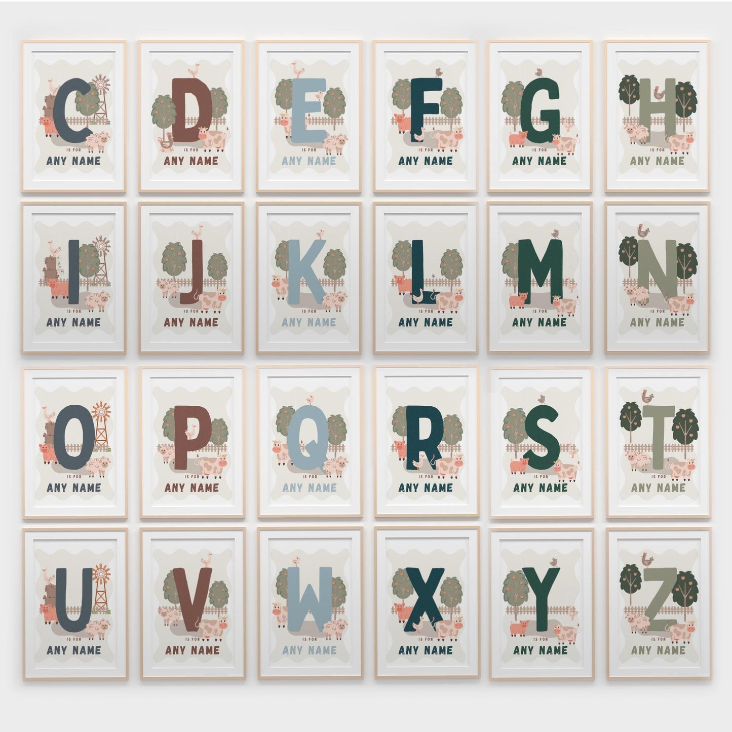 Personalised Farm Animal Initial Poster: Custom Alphabet Wall Art for Kids Bedroom, Nursery & Playroom, Rustic Print, Gender Neutral Decor