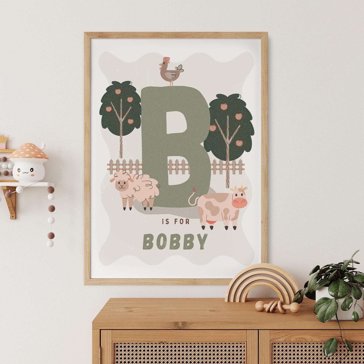 Personalised Farm Animal Initial Poster: Custom Alphabet Wall Art for Kids Bedroom, Nursery & Playroom, Rustic Print, Gender Neutral Decor
