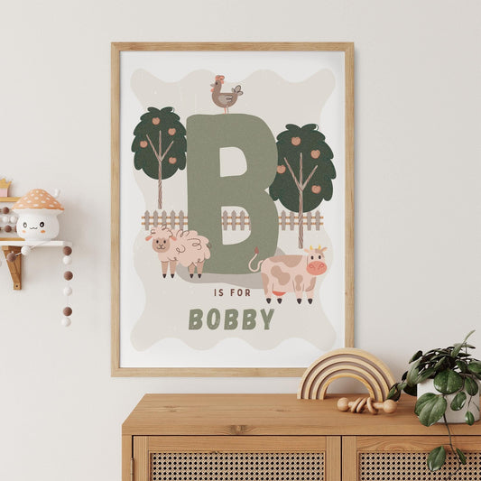 Personalised Farm Animal Initial Poster: Custom Alphabet Wall Art for Kids Bedroom, Nursery & Playroom, Rustic Print, Gender Neutral Decor