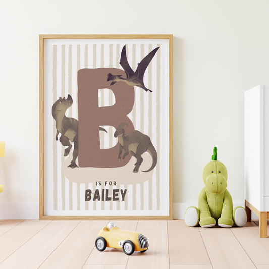 Personalised Dinosaur Initial Poster: Custom Alphabet Wall Art for Kids Bedroom, Nursery & Playroom, Jurassic Print, Gender Neutral Decor