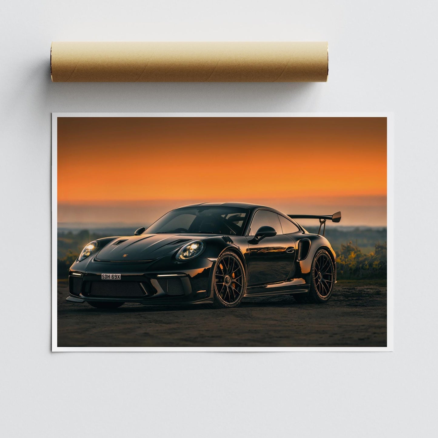 2021 Porsche GT3 RS Poster: Sleek Black Supercar at Sunset Wall Art, Car Print, Luxury car Decor, Gift For Car Lover, Garage & Home Decor