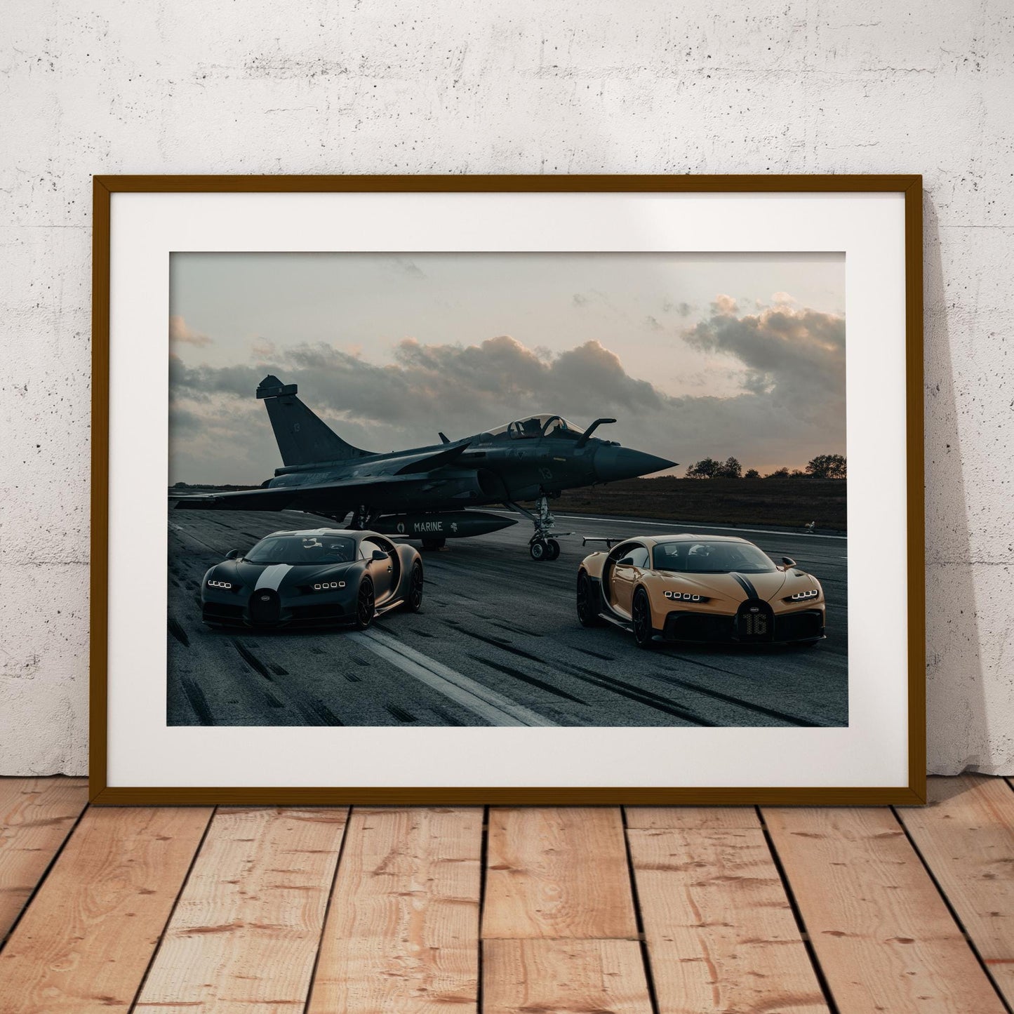 Bugatti Chiron Duo with Fighter Jet Poster: Luxury Supercars Aviation Wall Art, Cool Car Print Gift for Car Lover, Garage & Home Decor