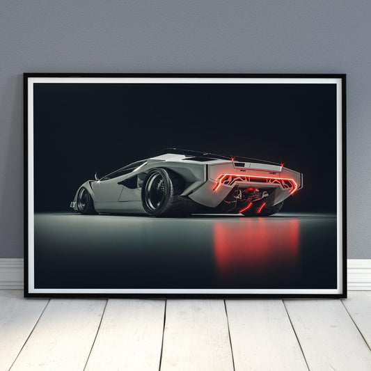 Eve Countach Poster: Futuristic Supercar Rear View Print, Sleek White Concept Car Wall Art, Gift For Car Lover, Garage & Home Decor