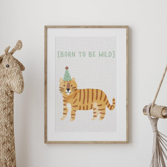 Born To Be Wild - Party Hat Tiger Poster: Kids Room Wall Art  Jungle-themed Print for Childrens Bedroom or Nursery Decor, Animal Print