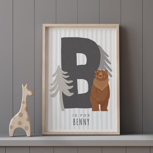 Personalised Bear Letter Poster: Custom Alphabet Wall Art for Kids Bedroom, Nursery & Playroom, Nature-themed Print, Gender Neutral Decor