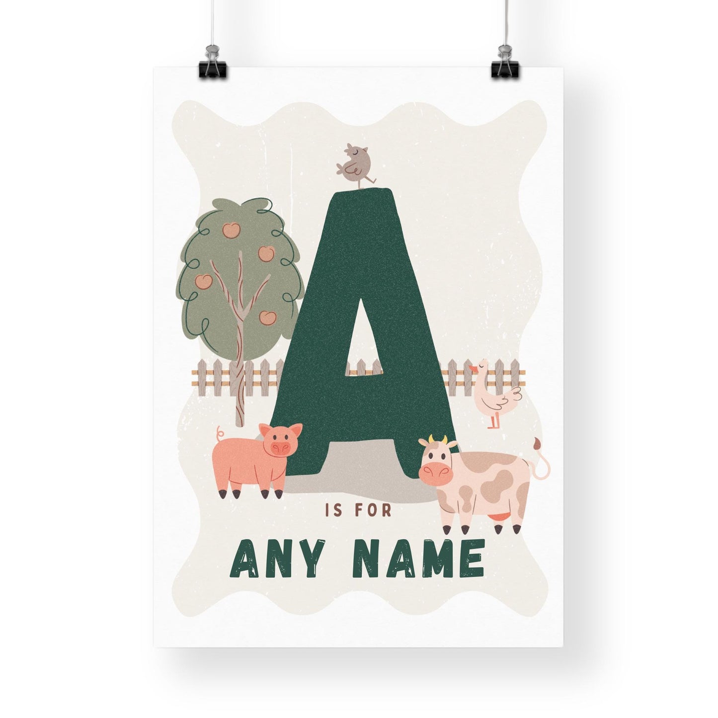 Personalised Farm Animal Initial Poster: Custom Alphabet Wall Art for Kids Bedroom, Nursery & Playroom, Rustic Print, Gender Neutral Decor