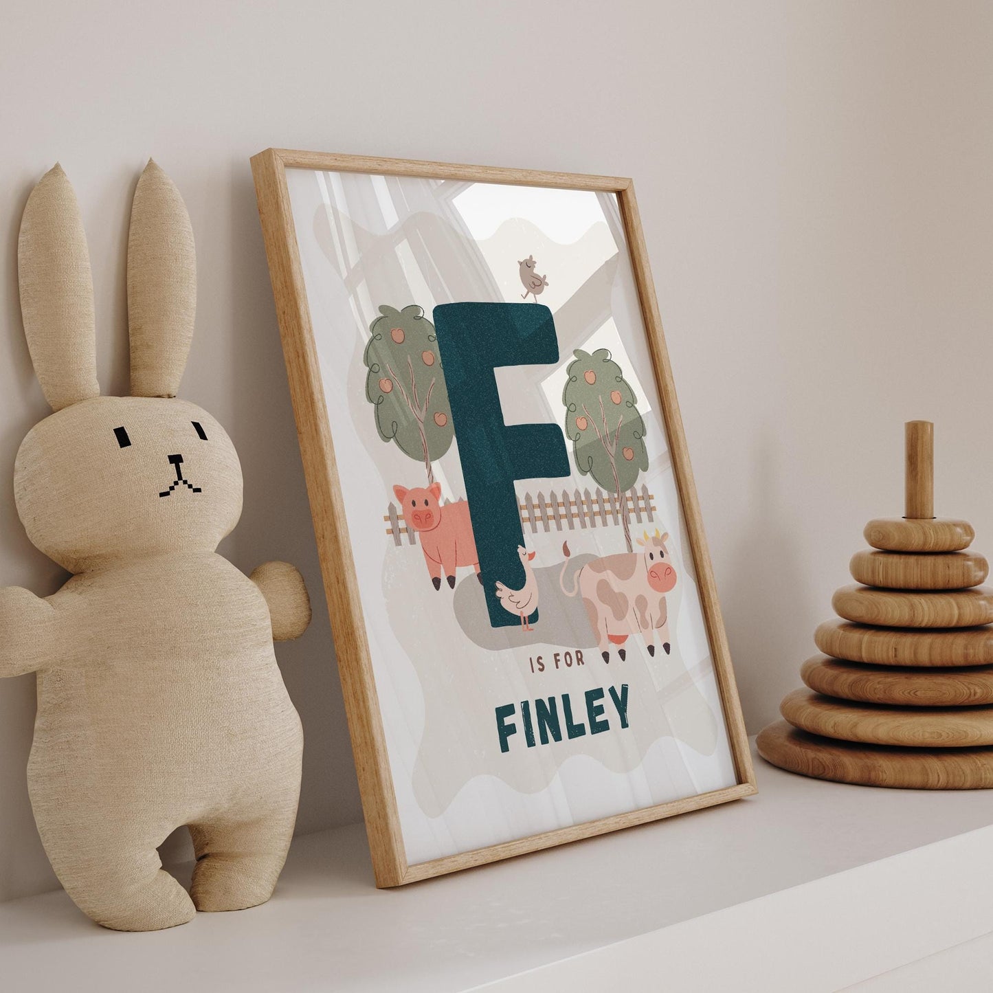 Personalised Farm Animal Initial Poster: Custom Alphabet Wall Art for Kids Bedroom, Nursery & Playroom, Rustic Print, Gender Neutral Decor