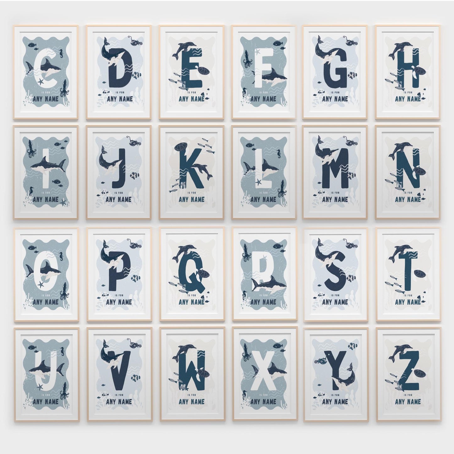 Personalised Sealife Initial Poster: Custom Alphabet Wall Art for Kids Bedroom, Nursery & Playroom, Sea Animal Print, Gender Neutral Decor