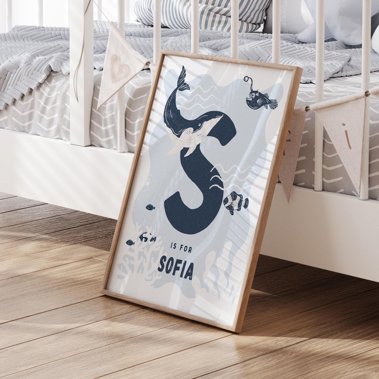 Personalised Sealife Initial Poster: Custom Alphabet Wall Art for Kids Bedroom, Nursery & Playroom, Sea Animal Print, Gender Neutral Decor