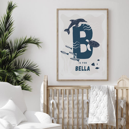 Personalised Sealife Initial Poster: Custom Alphabet Wall Art for Kids Bedroom, Nursery & Playroom, Sea Animal Print, Gender Neutral Decor