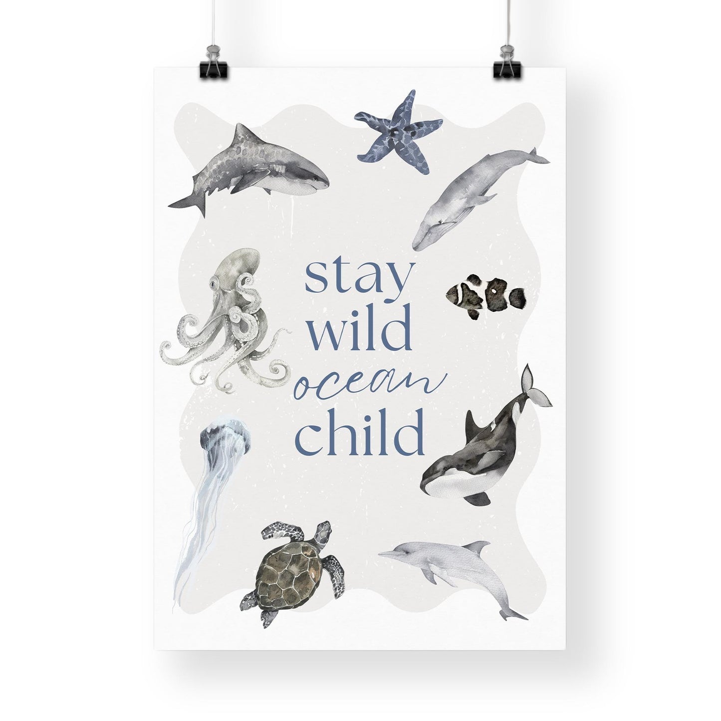 Stay Wild Ocean Child Watercolour Style Poster: Ocean-Themed Wall Art for Kids, Ocean Animals Print, Under The Sea Theme Home Decor, Nursery