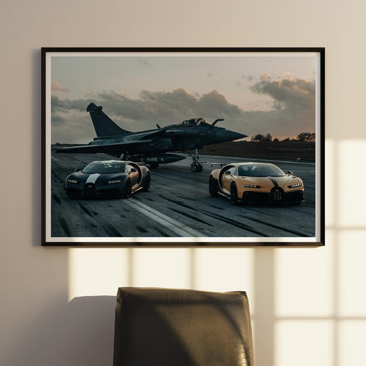 Bugatti Chiron Duo with Fighter Jet Poster: Luxury Supercars Aviation Wall Art, Cool Car Print Gift for Car Lover, Garage & Home Decor