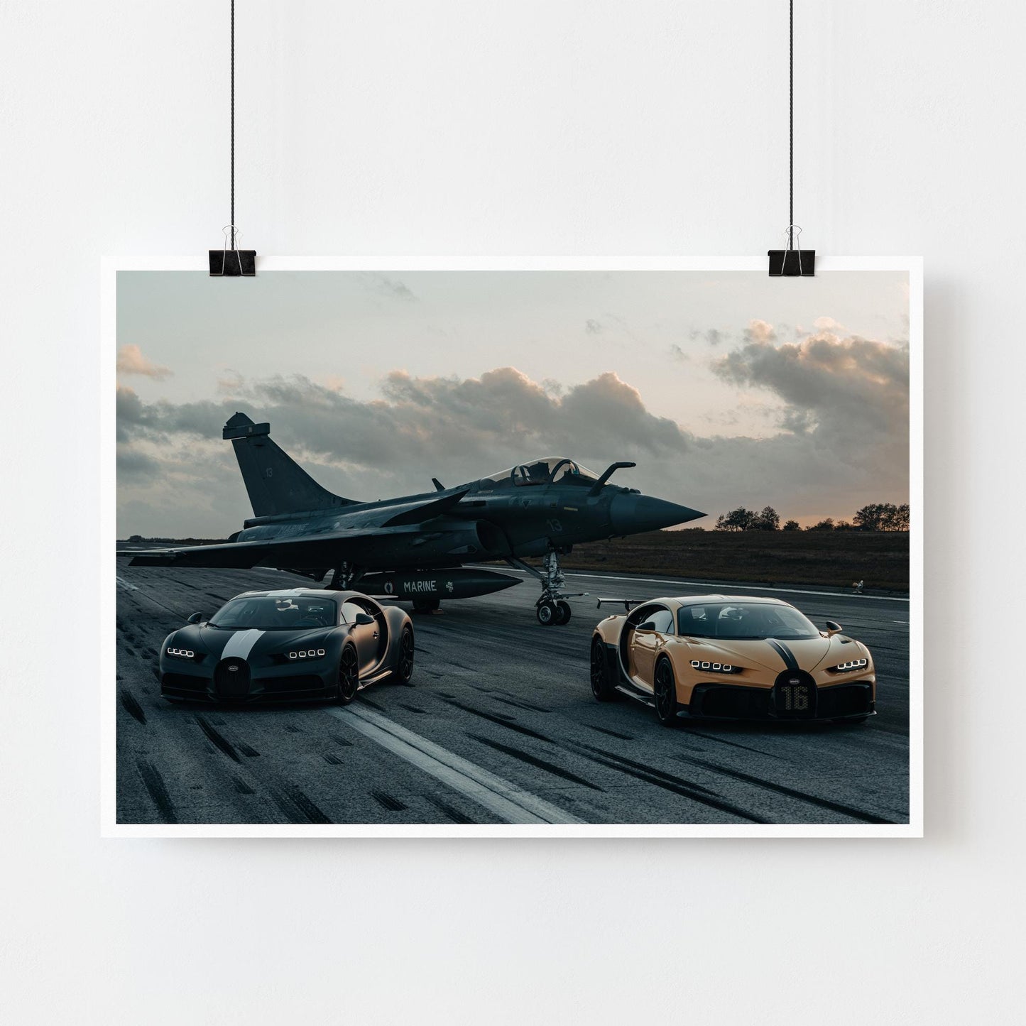Bugatti Chiron Duo with Fighter Jet Poster: Luxury Supercars Aviation Wall Art, Cool Car Print Gift for Car Lover, Garage & Home Decor