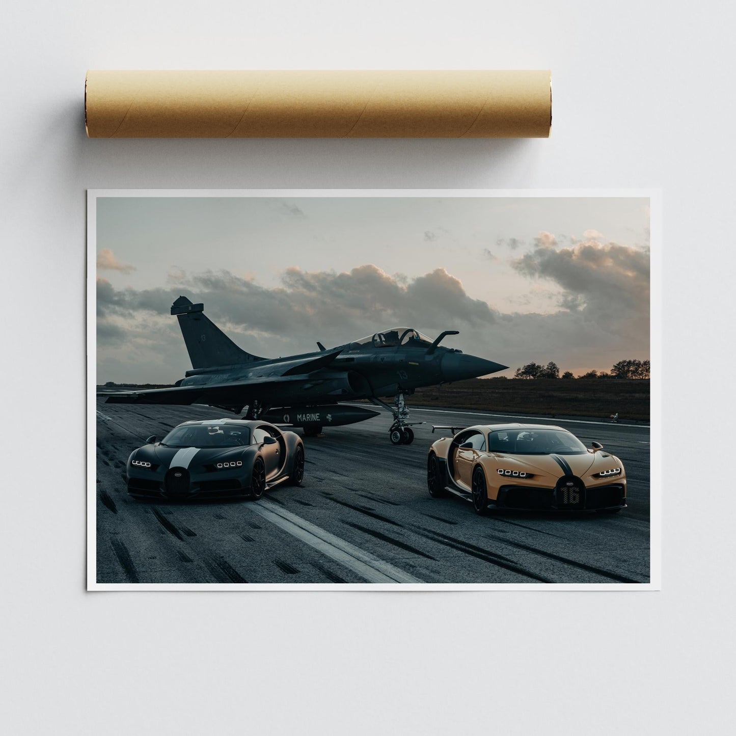 Bugatti Chiron Duo with Fighter Jet Poster: Luxury Supercars Aviation Wall Art, Cool Car Print Gift for Car Lover, Garage & Home Decor