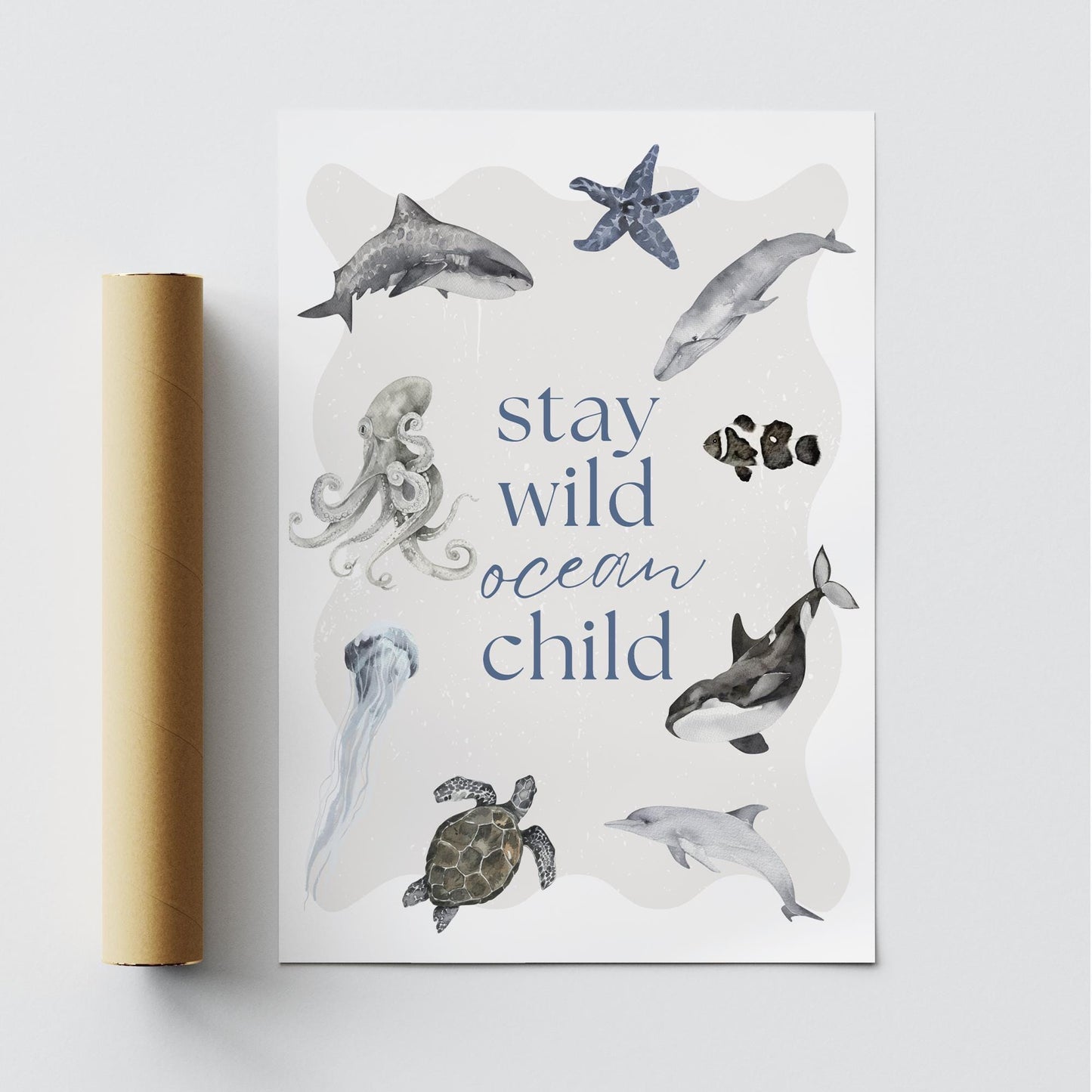 Stay Wild Ocean Child Watercolour Style Poster: Ocean-Themed Wall Art for Kids, Ocean Animals Print, Under The Sea Theme Home Decor, Nursery