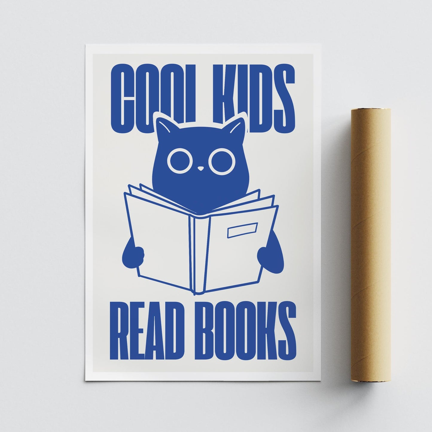 Cool Kids Read Books - Blue Cat Poster: Typography Print For Children, Book Lover Quote Wall Art for Reading Corner, Bedrooms & Playrooms