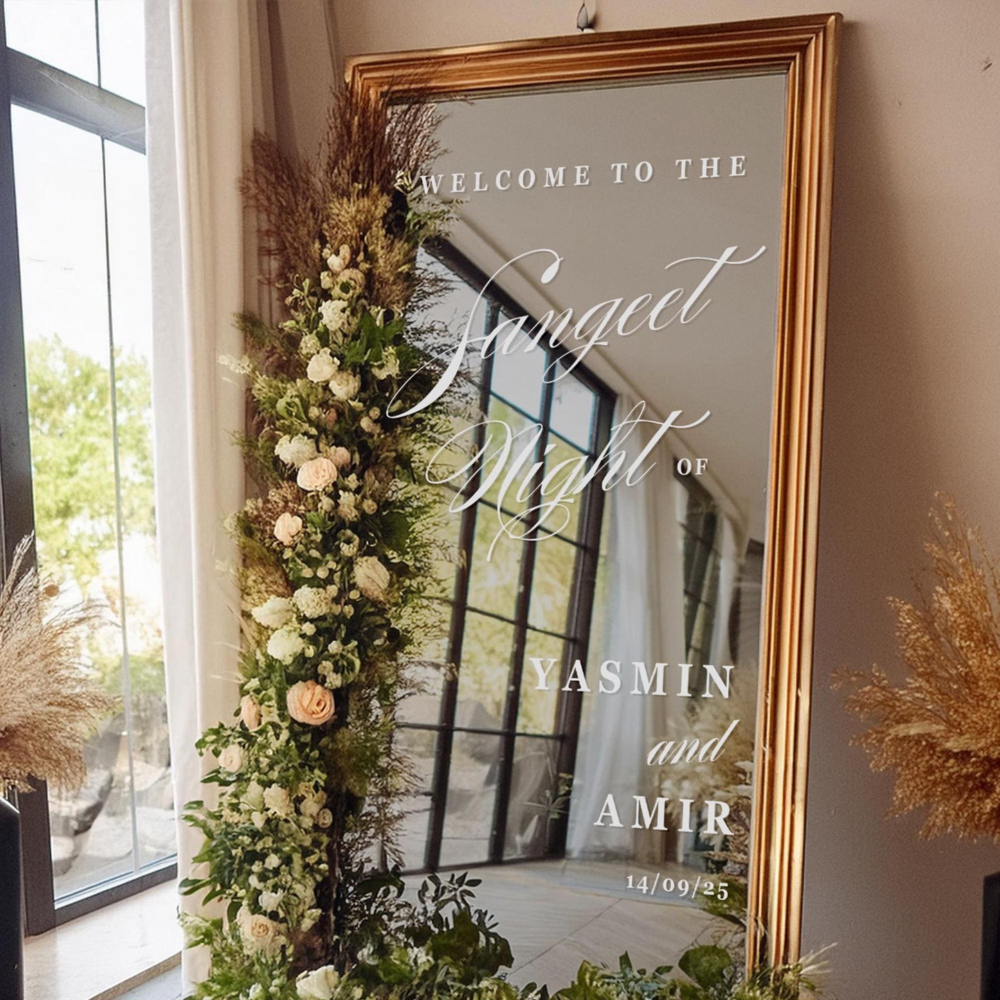 Sangeet Night  Script Welcome Sign: Wedding Mirror Sticker | Personalised Vinyl Decal for Indian Weddings | Custom Bride & Groom Sign