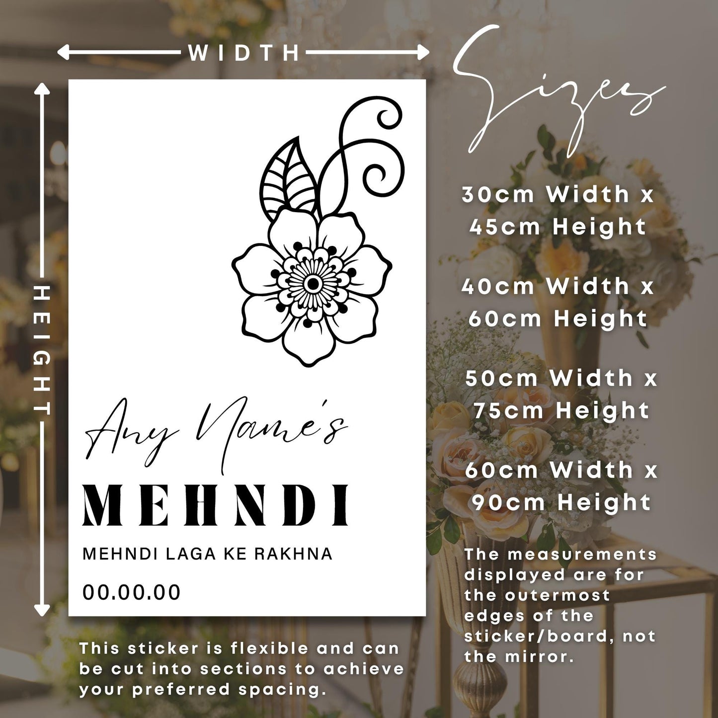 Personalised Floral Mehndi Vinyl Sticker  “Mehndi Laga Ke Rakhna Mirror or Welcome Sign Decal, Mehndi Party Decor, Henna Design