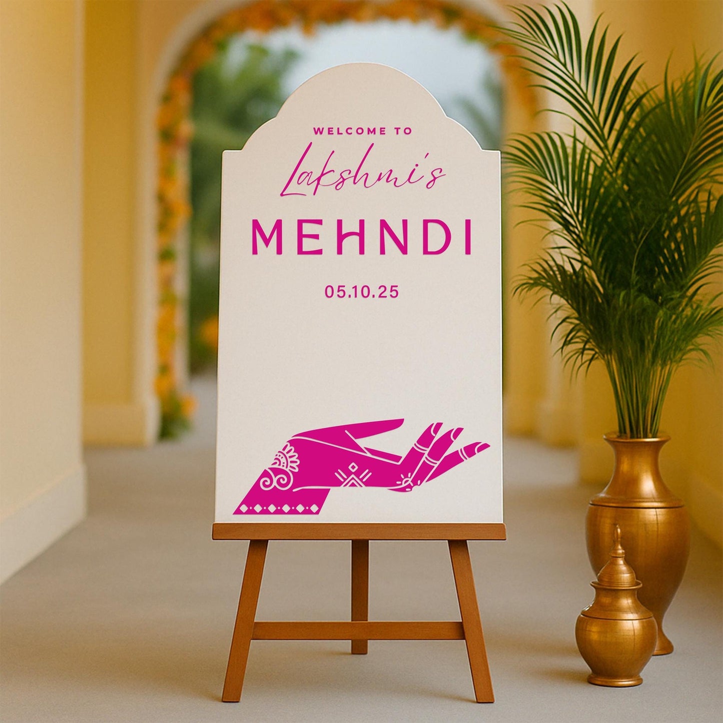 Personalised Mehndi Welcome Vinyl Sticker  Elegant Henna Palm Design, Custom Name & Date, Mirror or Sign Decal, Mehndi Party Decor