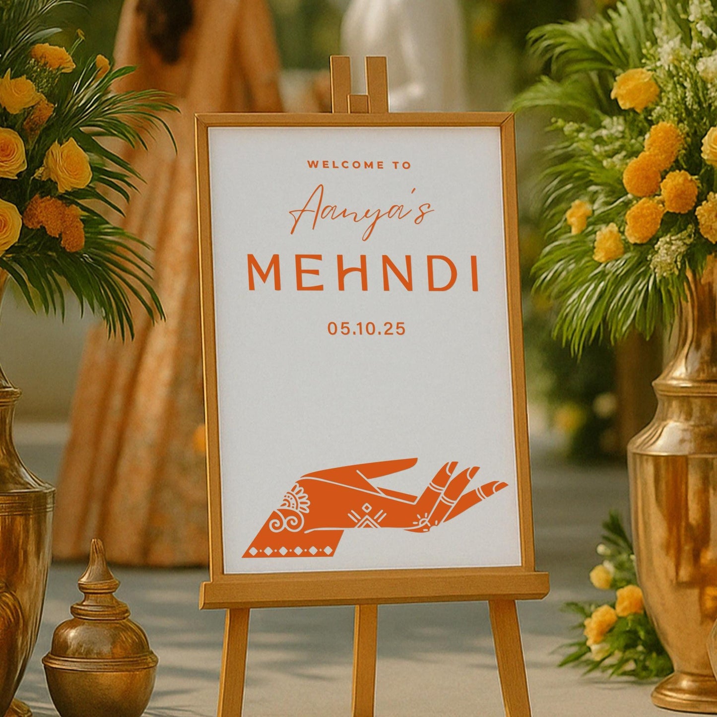 Personalised Mehndi Welcome Vinyl Sticker  Elegant Henna Palm Design, Custom Name & Date, Mirror or Sign Decal, Mehndi Party Decor