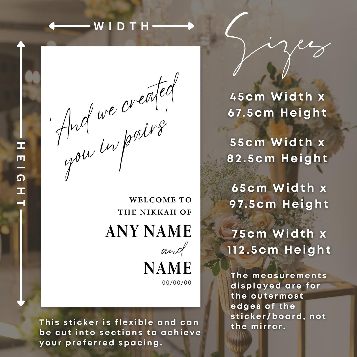 Personalised Nikkah Welcome Vinyl Sticker - ‘And We Created You In Pairs | Modern Script Islamic Wedding Decal | Custom Muslim Wedding Sign