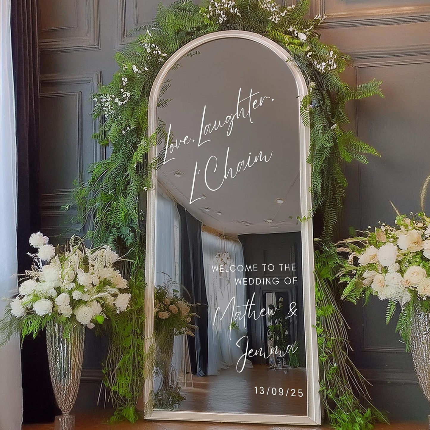 Personalised Jewish Wedding Vinyl Sticker | “Love. Laughter. LChaim Script Mirror Decal | Custom Welcome Sign for Weddings & Engagements