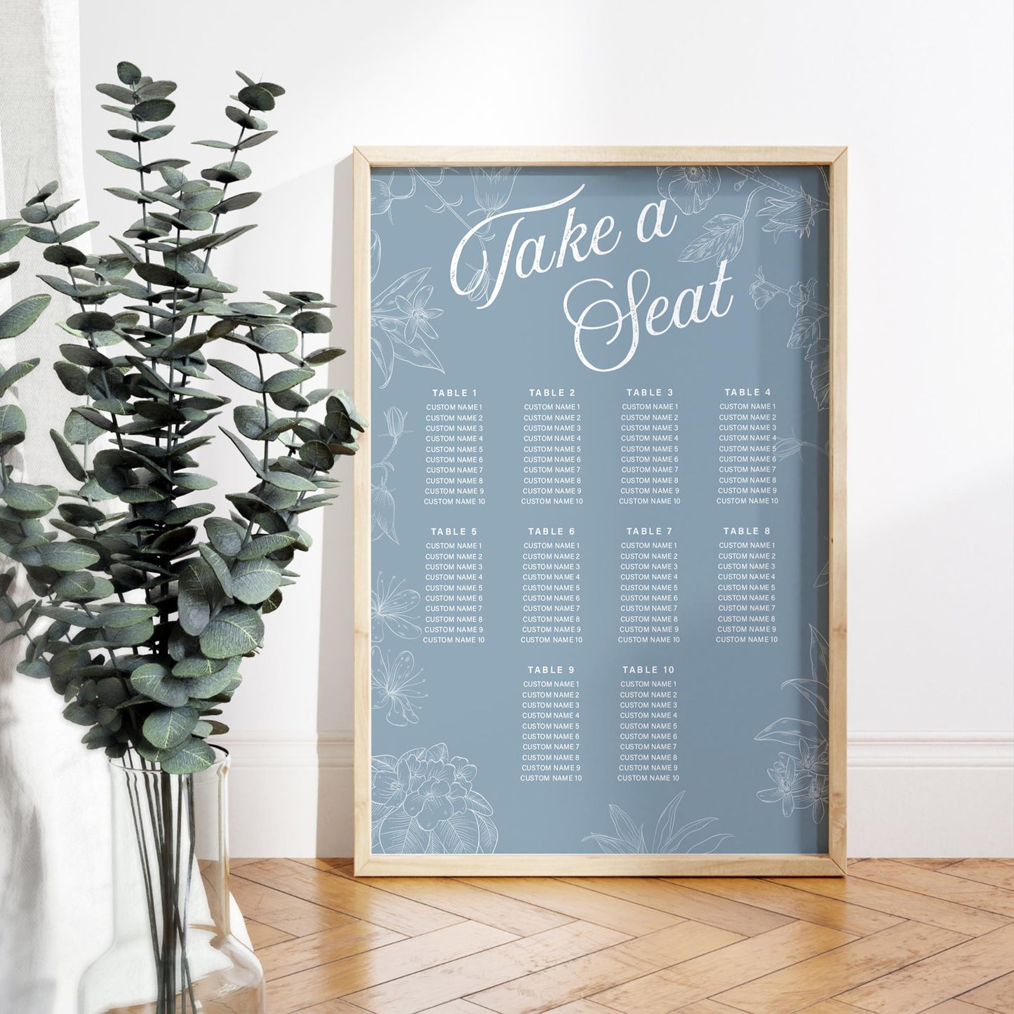 Personalised Wedding Seating Plan Sign | Take a Seat  Blue Floral Print | Custom Table Chart for 512 Tables, Elegant Wedding Sign Poster