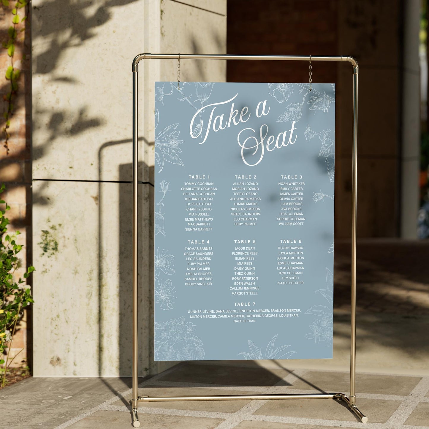 Personalised Wedding Seating Plan Sign | Take a Seat  Blue Floral Print | Custom Table Chart for 512 Tables, Elegant Wedding Sign Poster