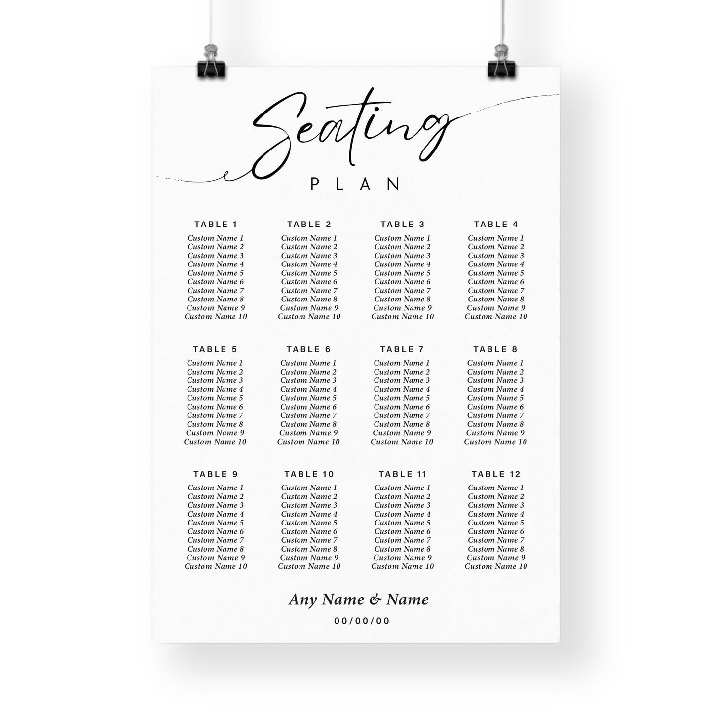 Personalised Wedding Seating Plan Sign | Minimal Black & White Theme Seating Table Chart for 512 Tables | Custom Wedding Decor