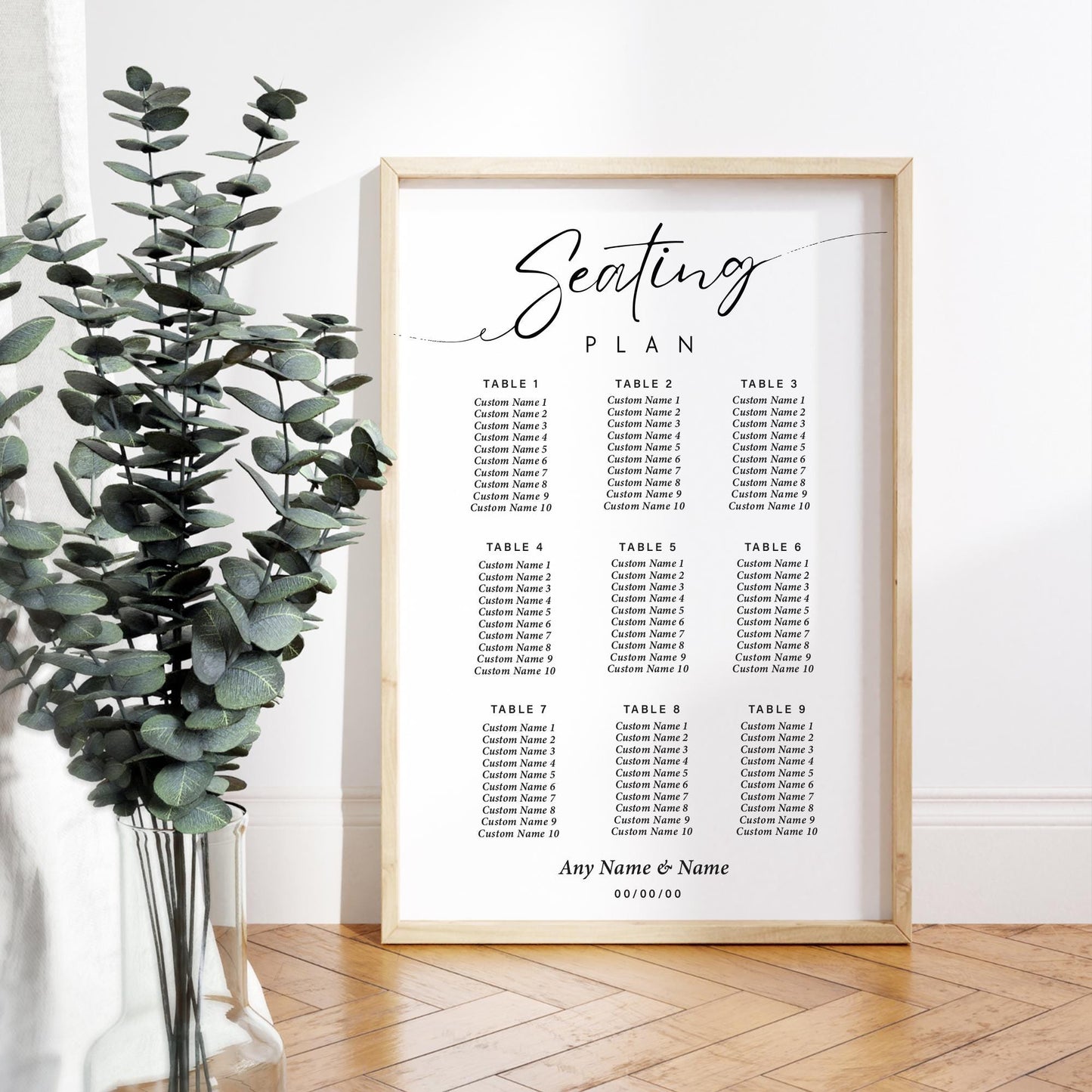 Personalised Wedding Seating Plan Sign | Minimal Black & White Theme Seating Table Chart for 512 Tables | Custom Wedding Decor