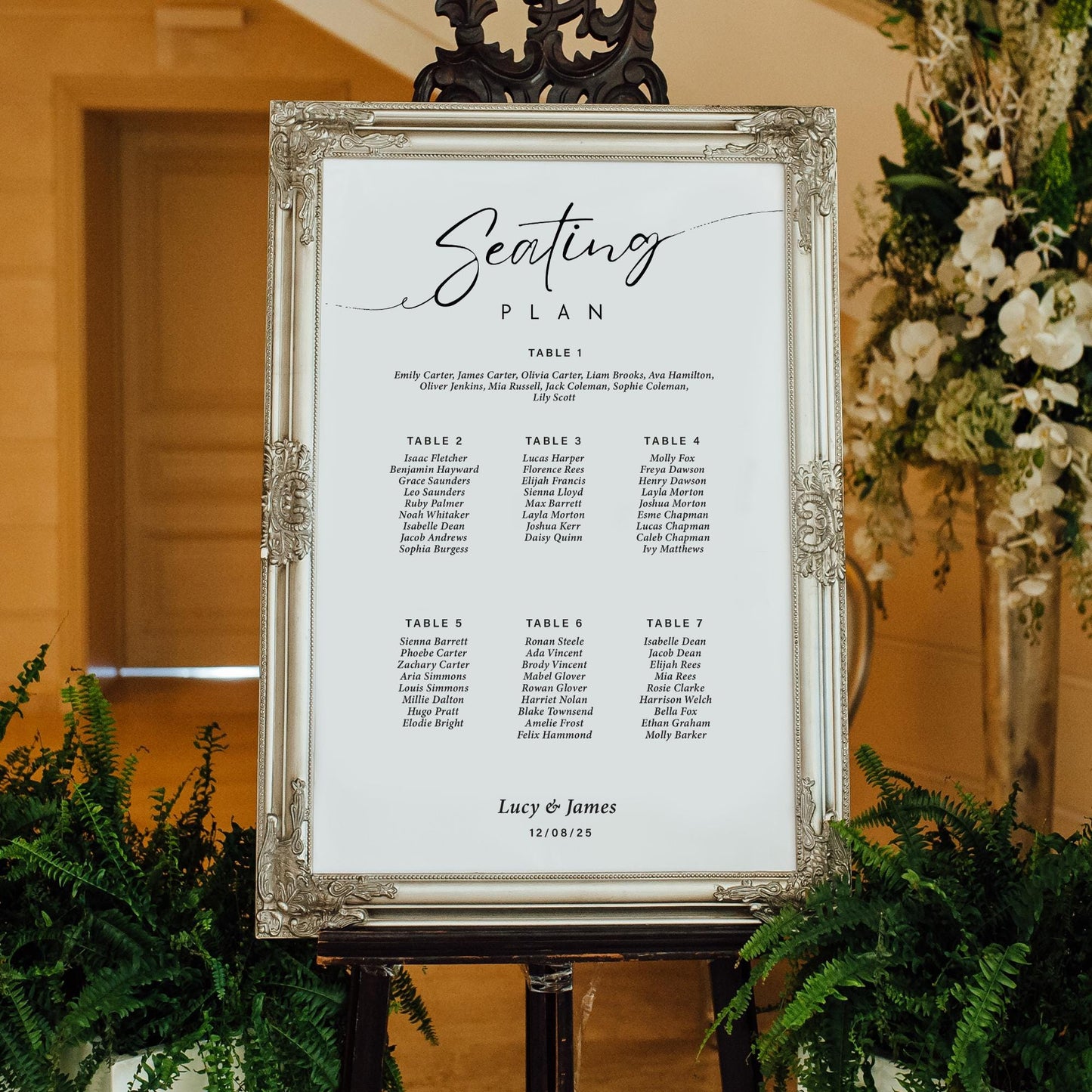 Personalised Wedding Seating Plan Sign | Minimal Black & White Theme Seating Table Chart for 512 Tables | Custom Wedding Decor