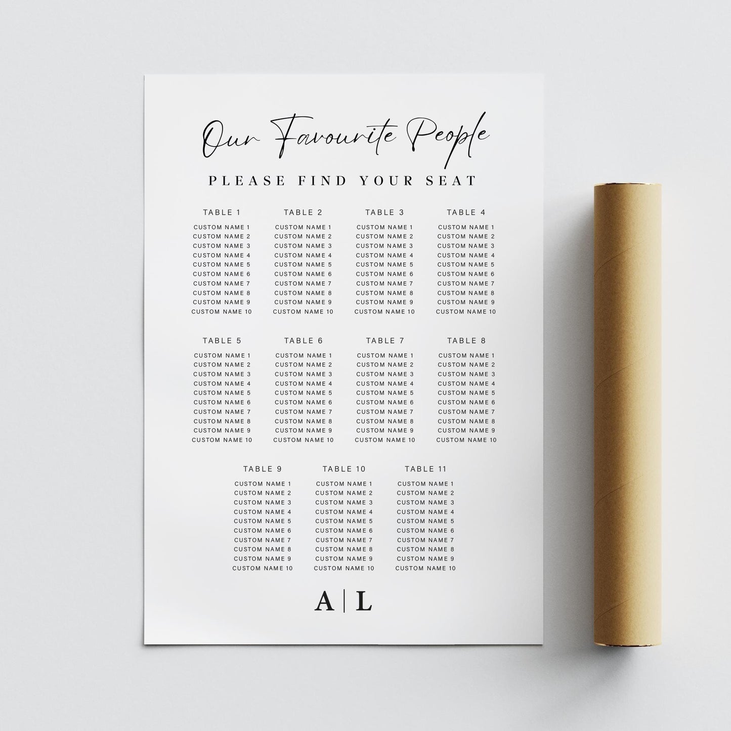 Personalised Wedding Seating Plan Sign | Our Favourite People Table Chart Print for 512 Tables | Modern Black & White Wedding Decor