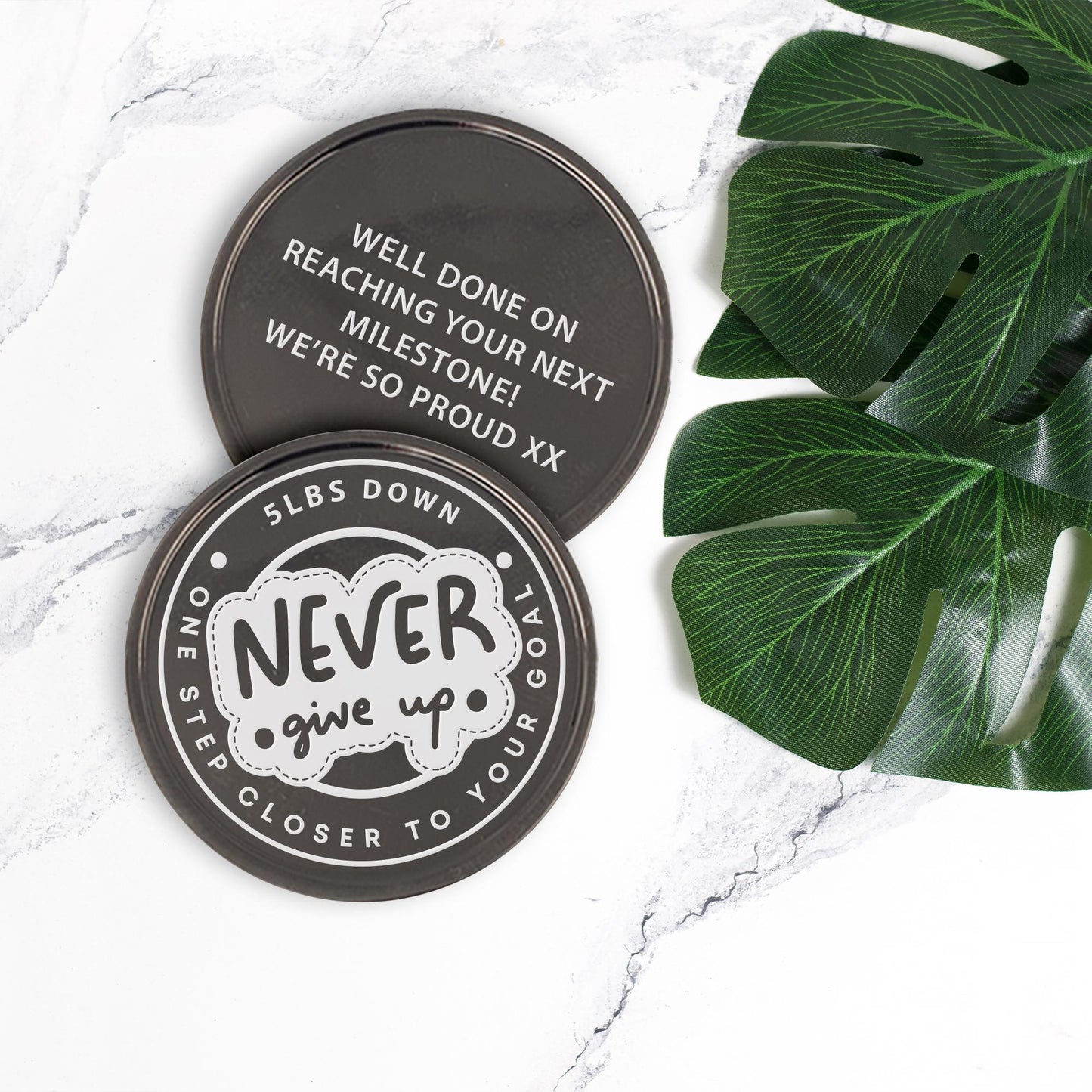 Personalised Weight Loss Milestone Coin  “Never Give Up Patch Design  Custom Weight & Message  Slimming Token  1st/Lbs/Kg Marker