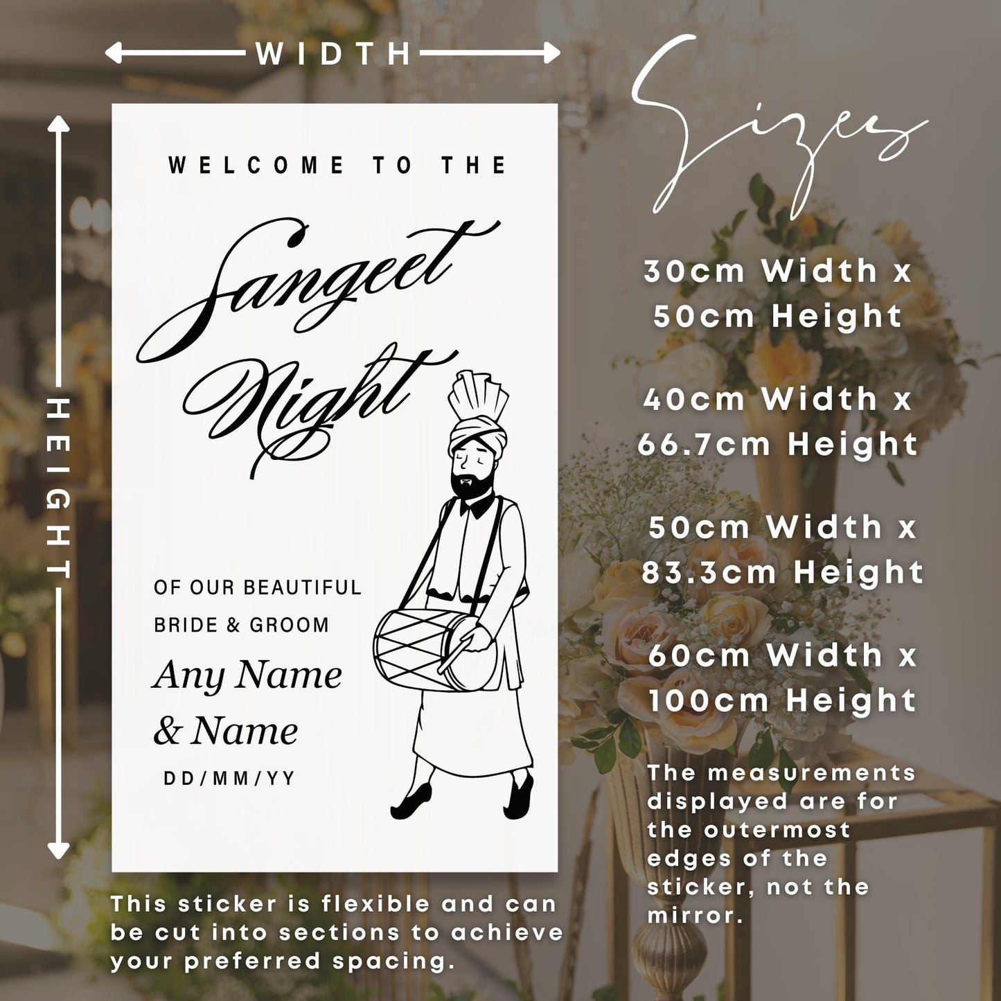 Welcome to the Sangeet Night  Dhol Player Vinyl Mirror Sign | Custom Indian Wedding Sticker | Bride & Groom Welcome Decal