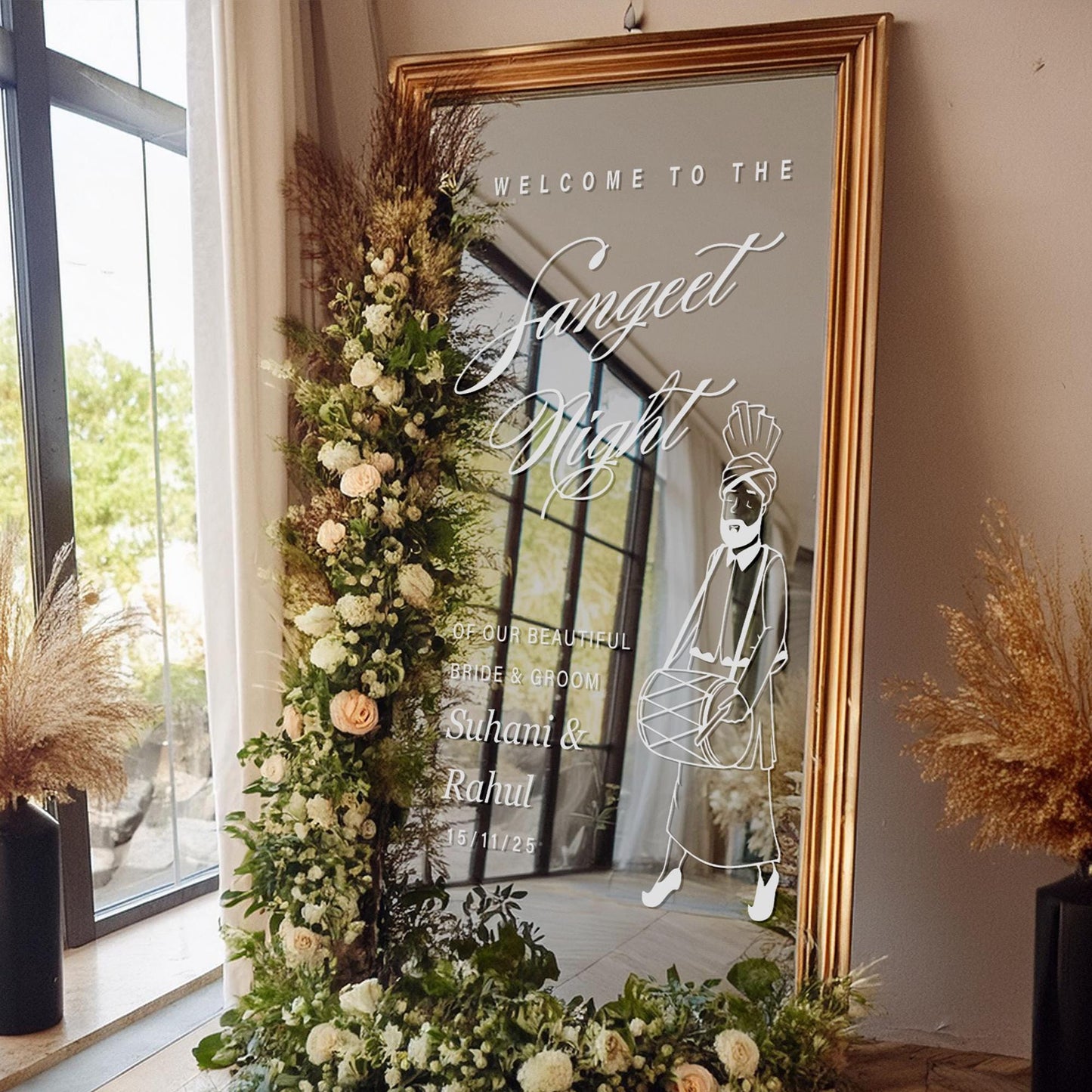 Welcome to the Sangeet Night  Dhol Player Vinyl Mirror Sign | Custom Indian Wedding Sticker | Bride & Groom Welcome Decal