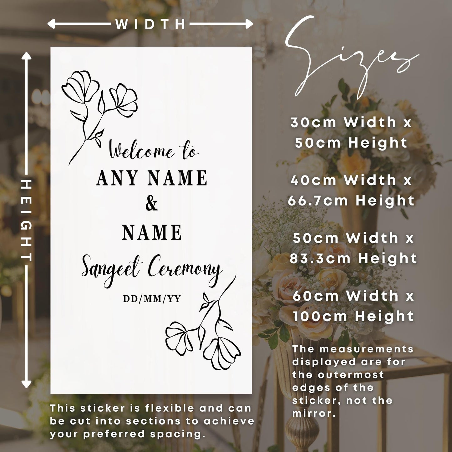 Sangeet Ceremony Welcome Sticker - Floral: Personalised Indian Wedding Vinyl Decal | Mirror or Acrylic Sign for Bride & Groom