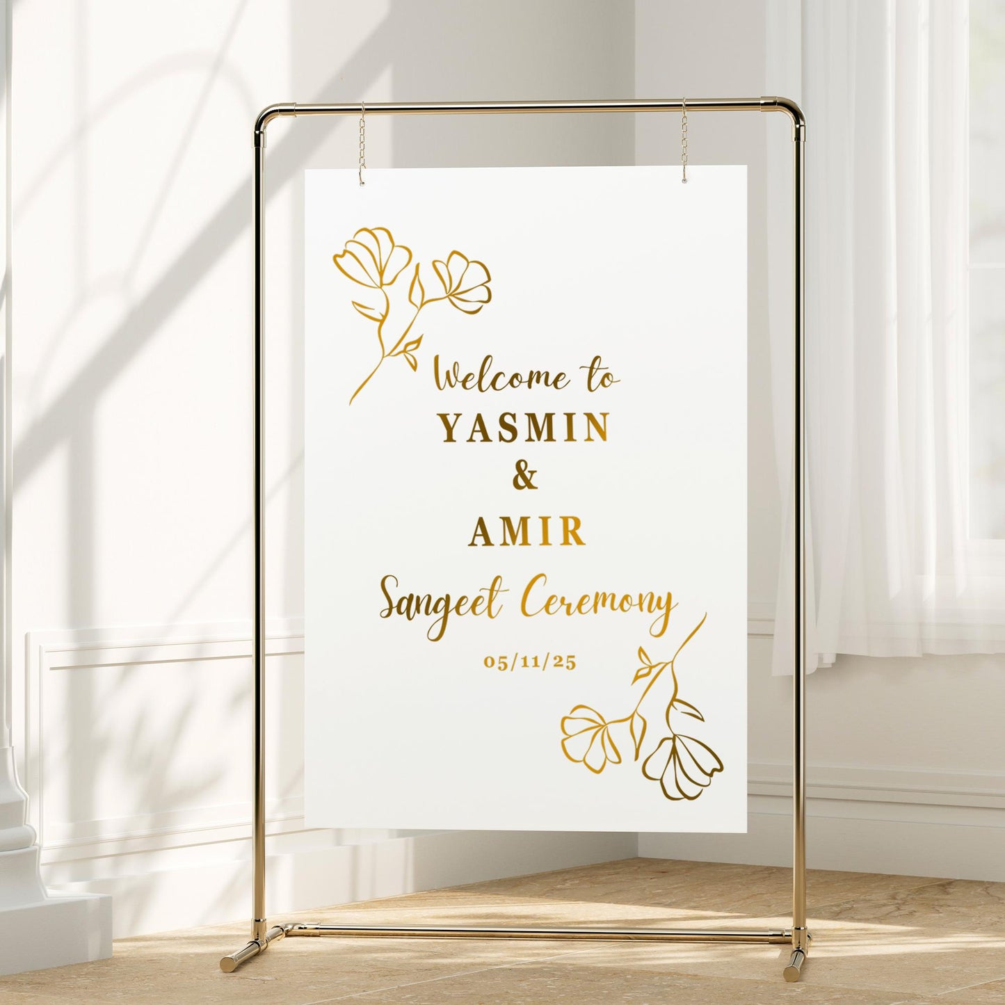 Sangeet Ceremony Welcome Sticker - Floral: Personalised Indian Wedding Vinyl Decal | Mirror or Acrylic Sign for Bride & Groom