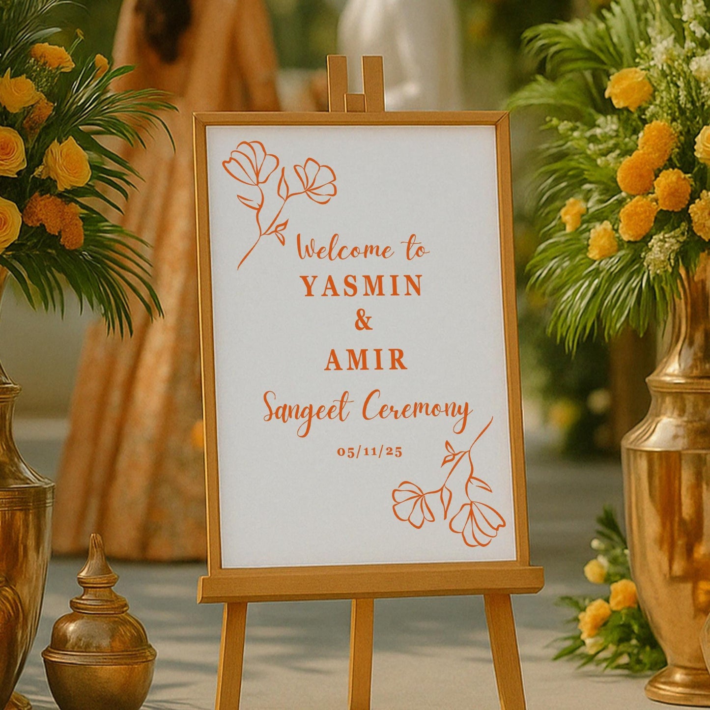 Sangeet Ceremony Welcome Sticker - Floral: Personalised Indian Wedding Vinyl Decal | Mirror or Acrylic Sign for Bride & Groom