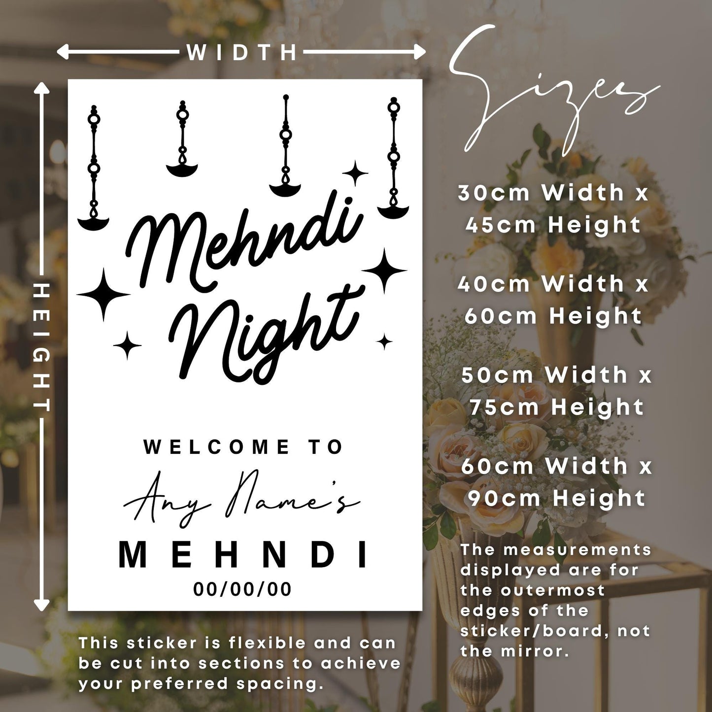 Personalised Mehndi Night Vinyl Sticker  Custom Mirror or Board Decal for Indian Wedding Event - Diya Design