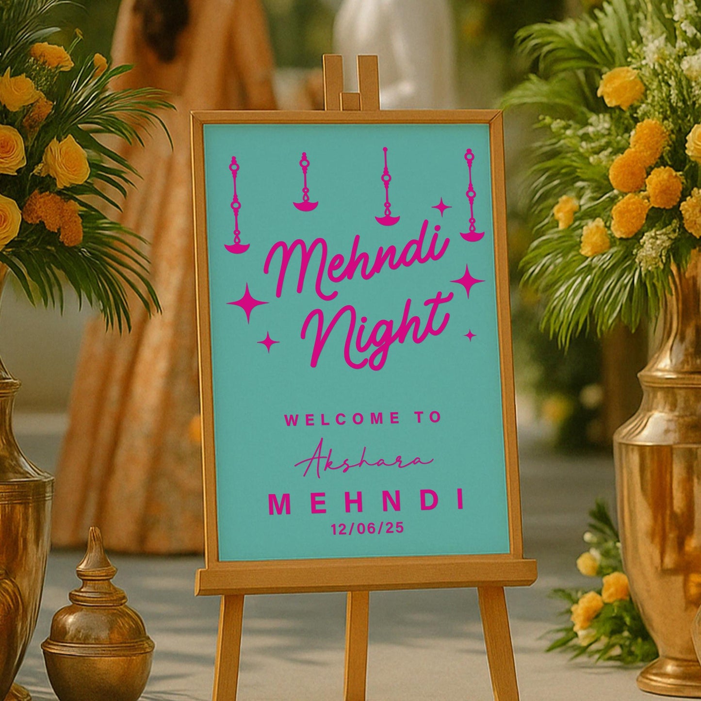 Personalised Mehndi Night Vinyl Sticker  Custom Mirror or Board Decal for Indian Wedding Event - Diya Design