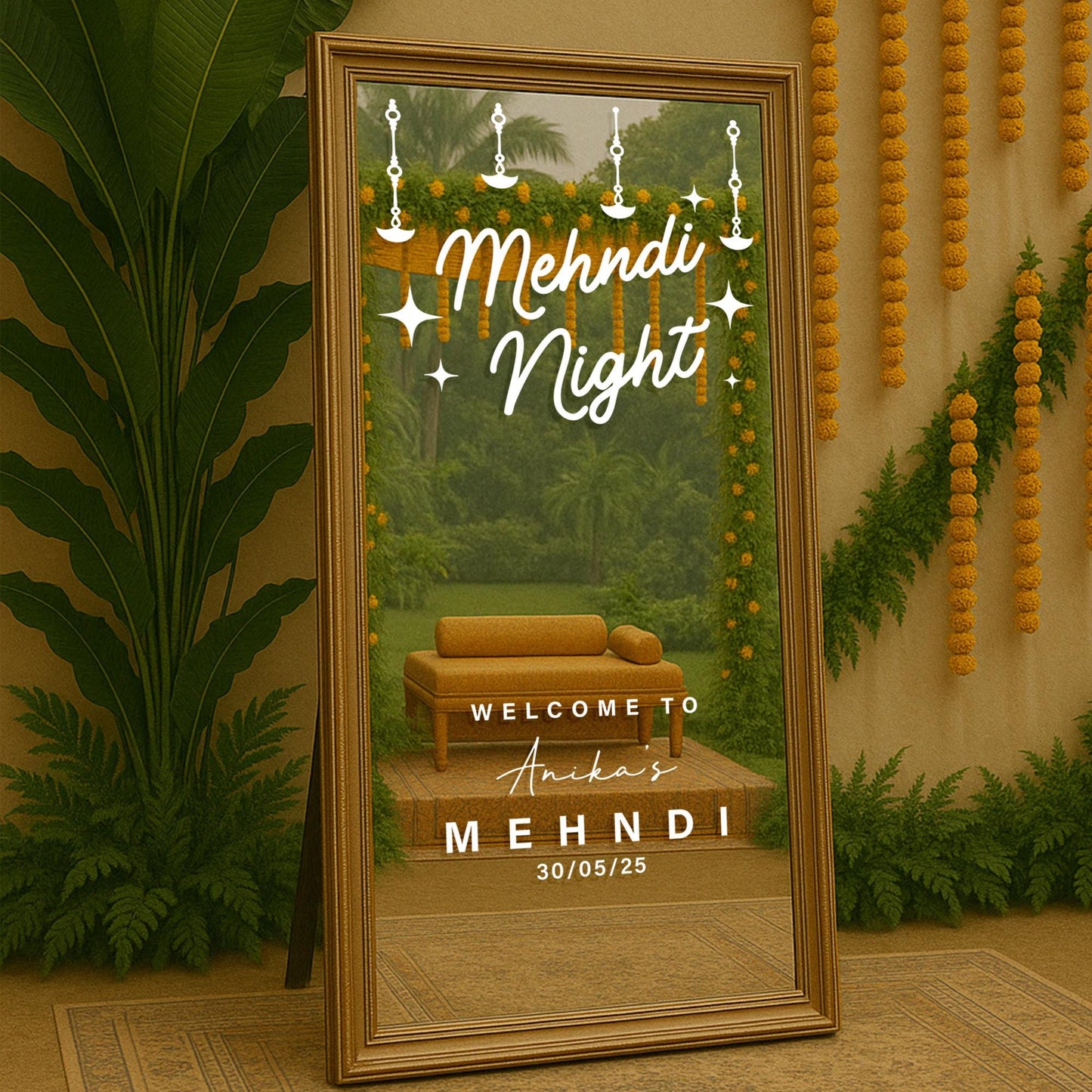 Personalised Mehndi Night Vinyl Sticker  Custom Mirror or Board Decal for Indian Wedding Event - Diya Design