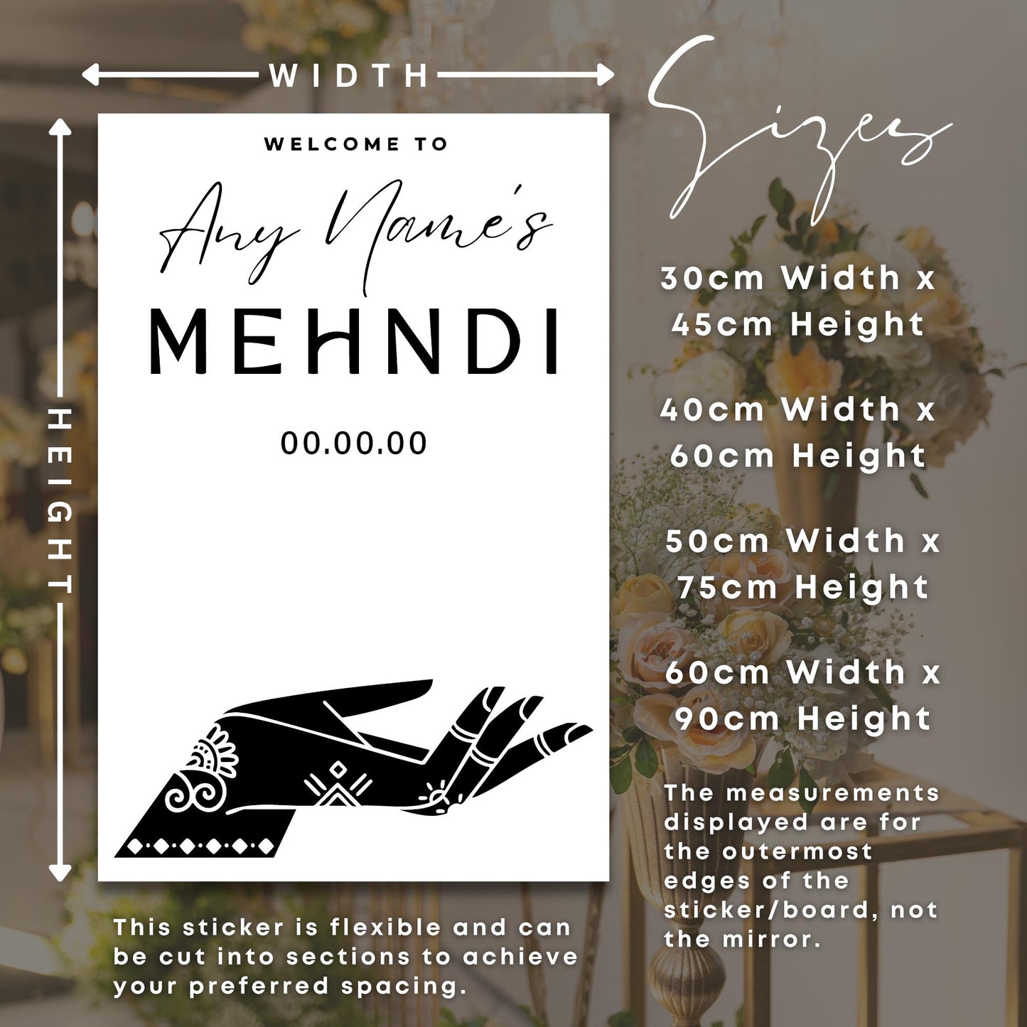 Personalised Mehndi Welcome Vinyl Sticker  Elegant Henna Palm Design, Custom Name & Date, Mirror or Sign Decal, Mehndi Party Decor